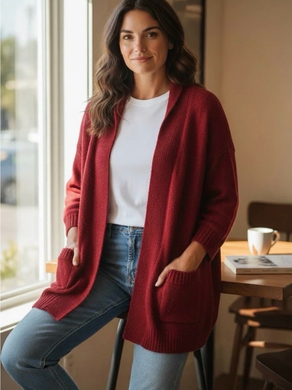 Designers Originals Open-Front Red Cardigan with Pockets 3/4 Sleeves Sz XL